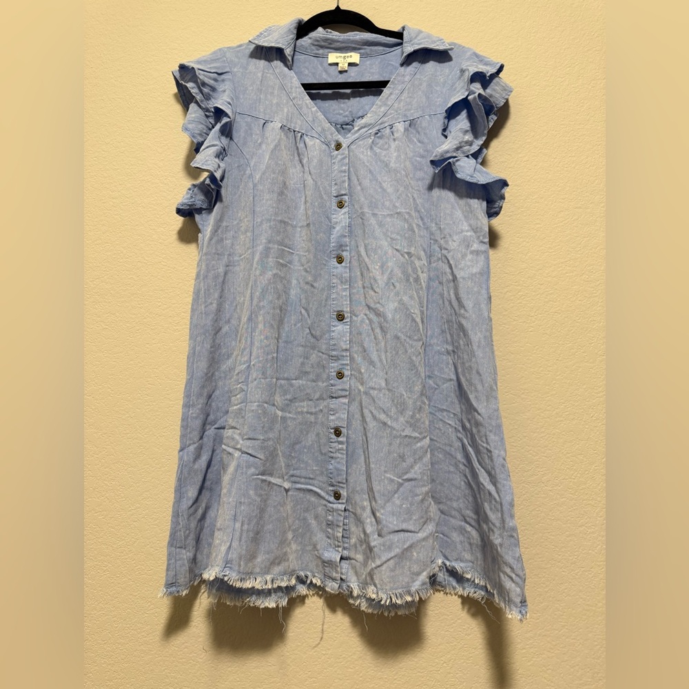 Umgee Light Blue Ruffle Sleeve Button-Front Tunic Dress